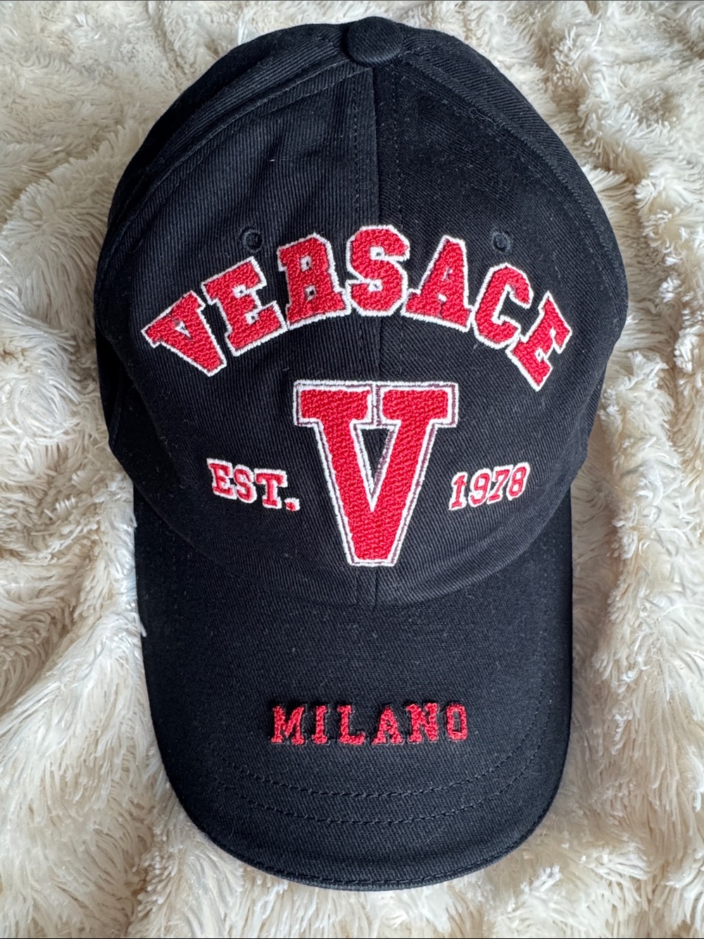 Versace Black Baseball Cap with Red Embroidered Logo- Unisex- Size 59